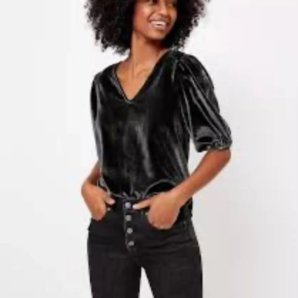 LOFT V-Neck Puff Sleeve Velvet Top Charcoal Gray S